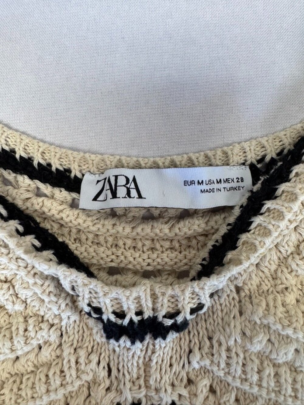 Zara Ecru Crochet Knit Maxi Dress Babydoll Silhouette Black Trim Size M Rare - Picture 5 of 11